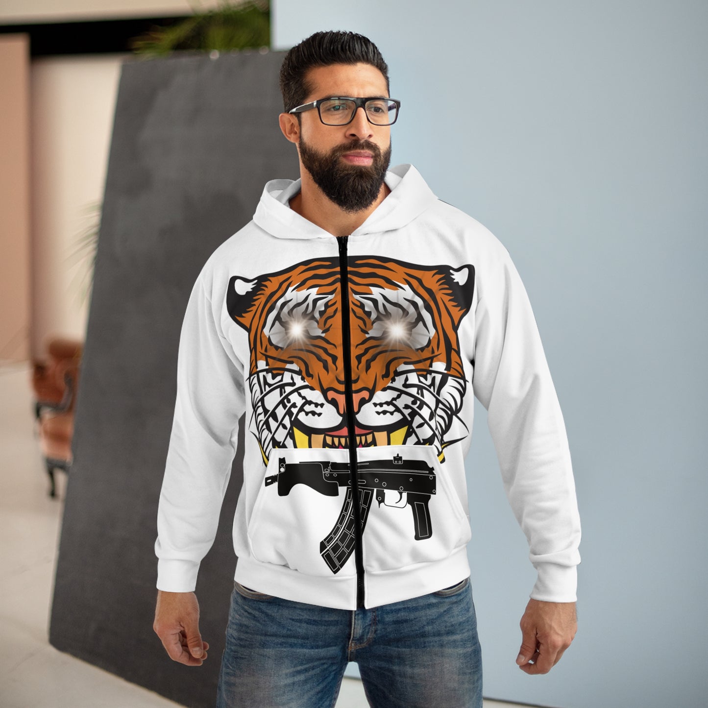 Bold Tiger Strap Unisex Zip Hoodie - Streetwear Style